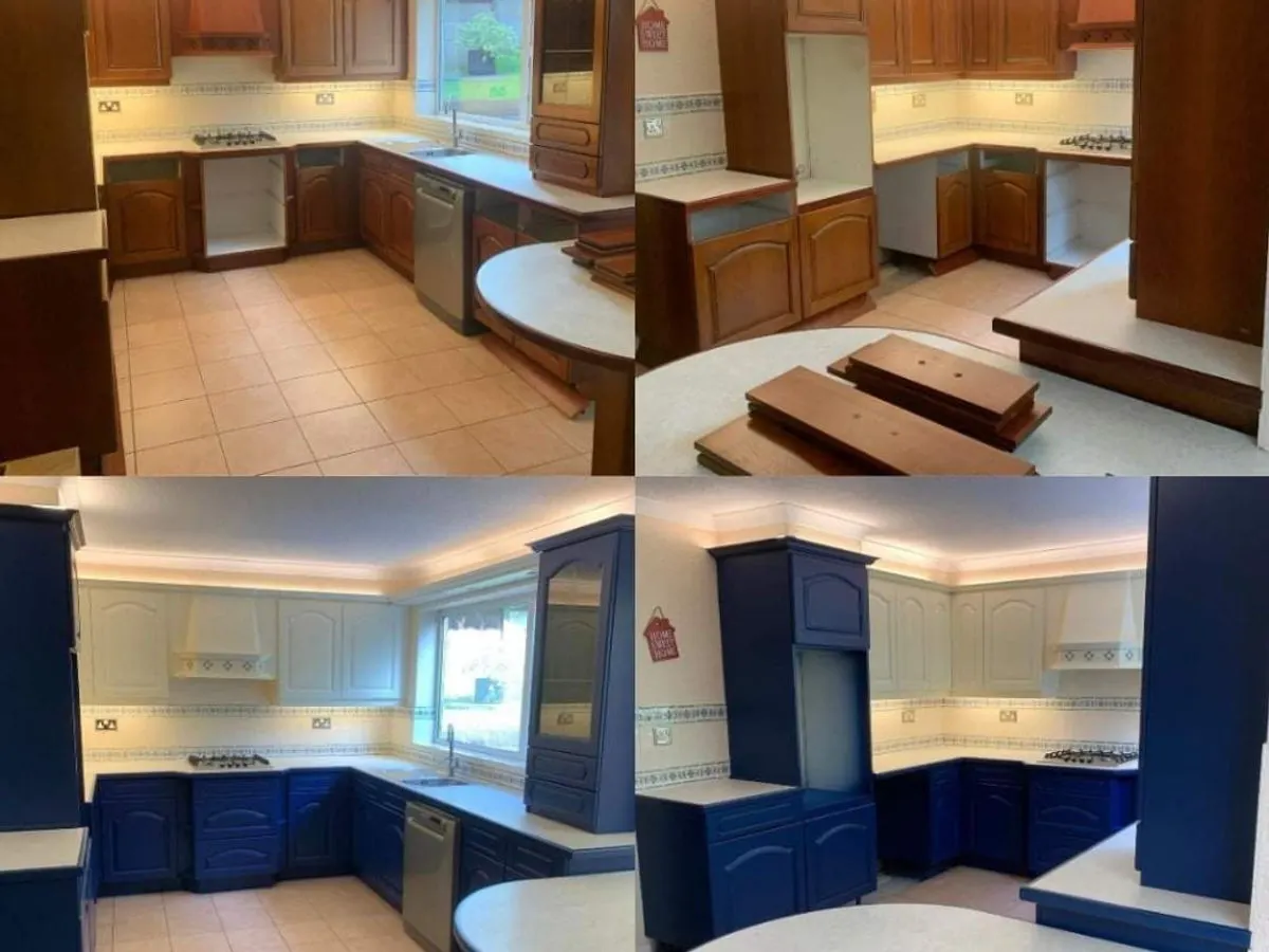 Before and after collage showing dark oak kitchen transformed to navy blue lower and cream upper cabinets