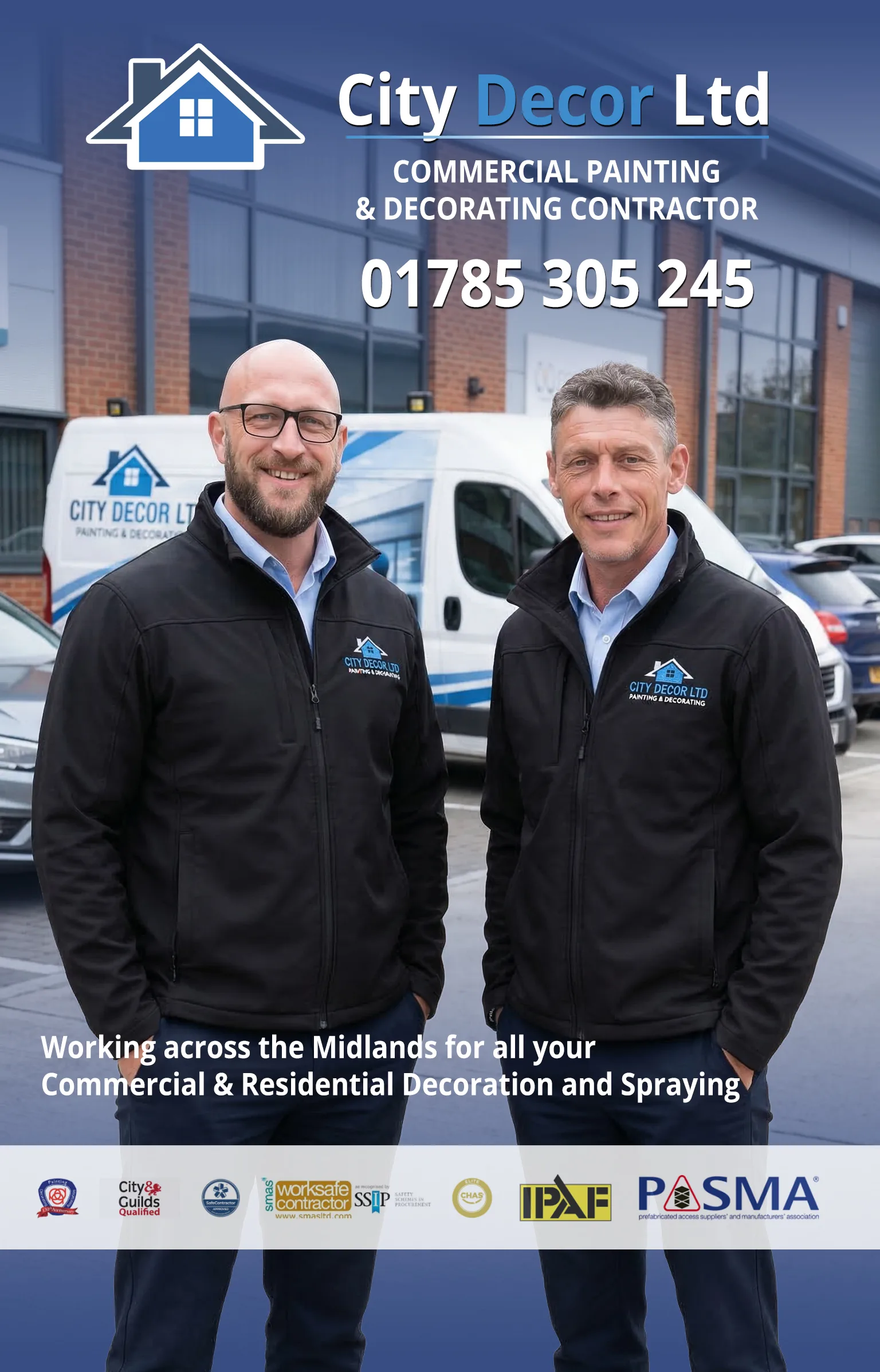 Will and Chris, directors of City Decor Ltd, in front of the company van